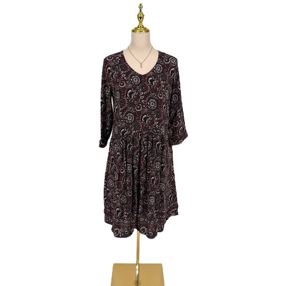 Garnet Hill Dress Size 6 Floral Paisley Peasant Plum 3/4 Sleeve Pockets Bohemian - Picture 2 of 13